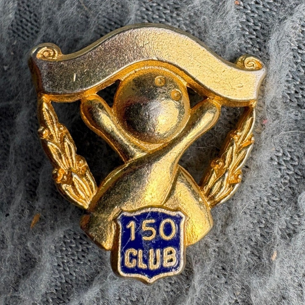 Vintage 150 Club Bowling Pin Gold Tone Blue Enamel Trophy Award Lapel Pin
